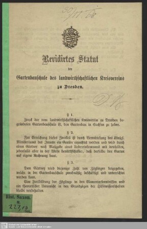 Revidirtes Statut der Gartenbauschule des Landwirthschaftlichen Kreisvereins zu Dresden