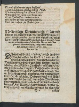 Notwendige Erinnerunge/ darmit klar und hell erwiesen wird/ das in diesem Reimen/ der gelert Britzschmeister ...