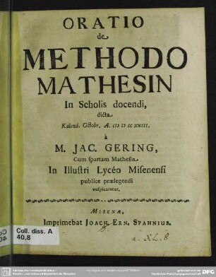 Oratio de Methodo Mathesin : In Scholis docendi