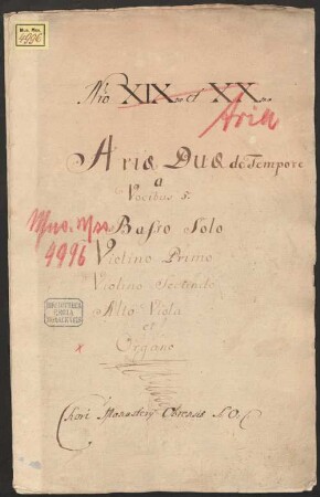 2 Arias - BSB Mus.ms. 4996 : [dust cover title:] Ariae Duae de Tempore // a // Vocibus 5. // Basso Solo // Violino Primo // Violino Secundo // Alto Viola // et // Organo