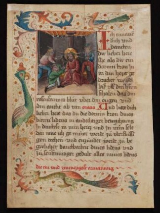 Bordürenseite mit Miniatur (Dornenkrönung) und Fadenrankenbordüre