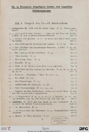 I. Graphik des 15.-19. Jahrhunderts (Nr. 1-491)