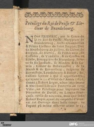 Privilége du Roi de Prusse & Electeur de Brandebourg.