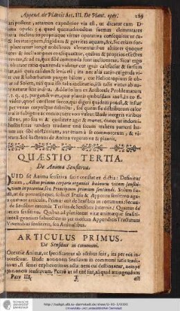 QUAESTIO TERTIA. De Anima sensitiva.