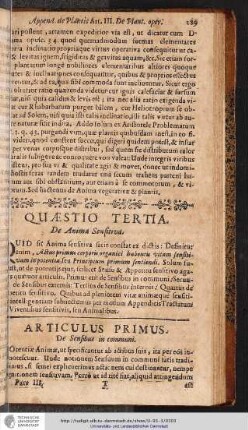 QUAESTIO TERTIA. De Anima sensitiva.