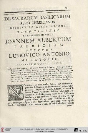 De Sacrarum Basiicarum apud Christianos origine ac appellatione disquisitio: Ad Clarissimum Virum Joannem Albertum Fabricium