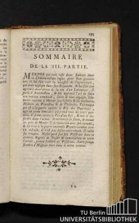 Sommaire de la III. partie. Les avantures de telemaque, troisieme partie.