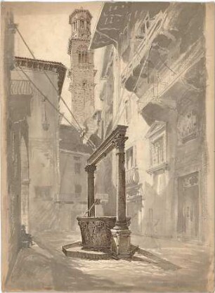 Pfann, Paul; Zeichnungen, Aquarelle, Skizzen - Brunnen, Häuserfronten u. Turm (Perspektive)