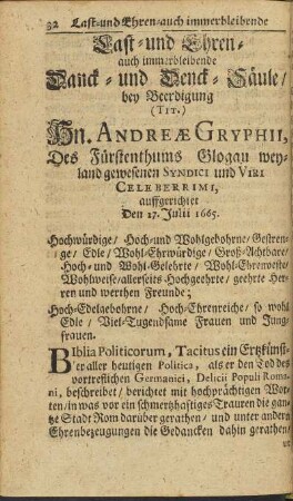 Laft- und Ehren- auch immerbleibende Danck- und Denck-Säule / bey Beerdigung ...
