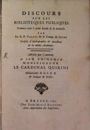 Discours sur les bibliothèques publiques