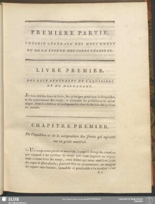 Livre Premier. Des Loix Générales De L'Équilibre Et Du Mouvement