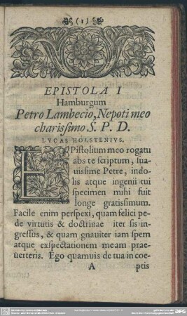 Epistola I Hamburgum Petro Lambecio, Nepoti meo charissimo S. P. D. Lucas Holstenius
