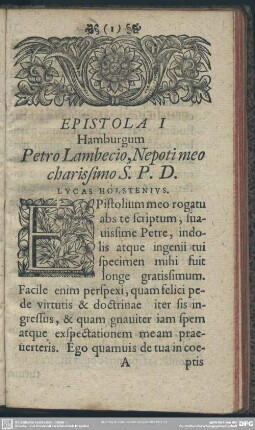 Epistola I Hamburgum Petro Lambecio, Nepoti meo charissimo S. P. D. Lucas Holstenius