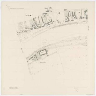 Elbstromkarte von Riesa und Promnitz, 1:2 000, Lithographie, 1879 : 110 : Riesa, Promnitz. - Aufgen. 1876, Nachgetr. 1879. - 1:2 000. - Leipzig : Giesecke & Devrient , 1879. - 1 Kt. : Lithogr.
