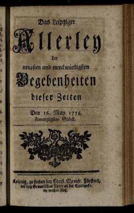 Den 16. May 1758. Zwanzigstes Stück.