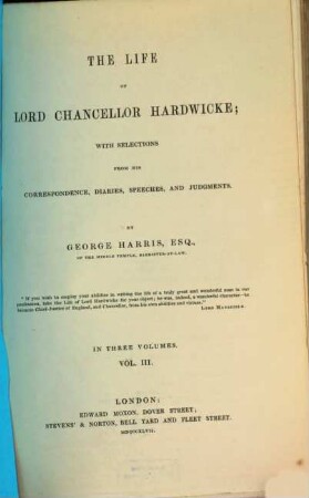 The life of Lord Chancellor Hardwicke; with selections from his correspondence, diaries, speeches, and judgments, 3