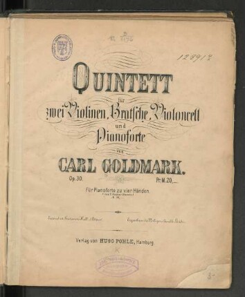 Quintett für zwei Violinen, Bratsche, Violoncell und Pianoforte : op. 30