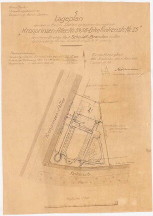 Garten Schmidt-Branden, Berlin-Dahlem: Skizze des Gartens im Grundriss auf Vermesserplan 1:200, Maßstabsleiste