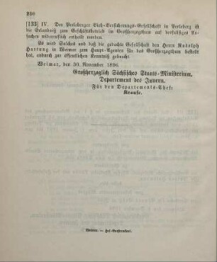 133. Ministerial-Bekanntmachung, betreffend die Zusammensetzung der Perleberger Vieh-Versicherungs-Gesellschaft in Perleberg zum Geschäftsbetrieb im Großherzogthum