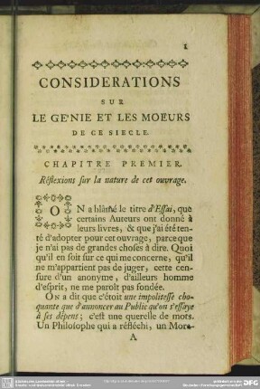 Chapitre Premier. Réflexion sur la nature de cet ouvrage