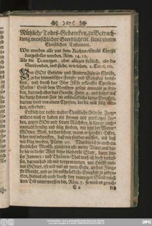 Nützliche Todes-Gedancken, zu Betrachtung menschlicher Sterblichkeit, samt einem Christlichen Testament.