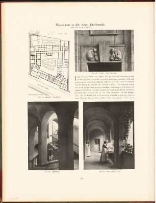 Waisenhaus in der Alten Jakobstraße, Berlin: Grundriss, Innenansichten Treppenhaus, südliche Halle, Detail (aus: Neubauten der Stadt Berlin, Bd. IX, 1910)