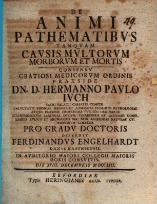 De animi pathematibus tanquam causis multorum morborum et mortis