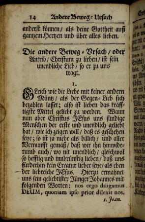 Die andere Beweg-Ursach / oder Antrib / Christum zu lieben / ist sein unendliche Lieb / so er zu uns tragt.