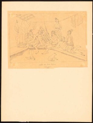 Hütte der Etah Eskimo: Innenansicht mit Feuerstelle und Inuit-Großfamilie (Nach- oder Durchzeichnung nach Kanes Reisen, 1855)