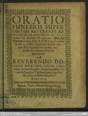 Oratio funebris super obitum Hermanni von der Pforten
