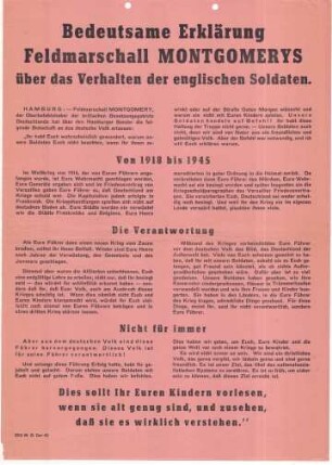Bedeutsame Erklärung Feldmarschall Montgomerys über das Verhalten der englischen Soldaten