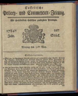 22tes Stueck, Montag den 31ten May. 1784