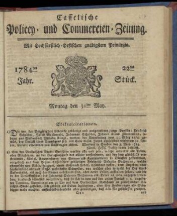22tes Stueck, Montag den 31ten May. 1784