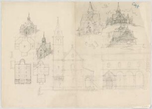 Thiersch, August ; Füssen / Allgäu (Bayern); Ev. Pfarrkirche - Grundrisse, Ansichten, Teilansicht, Perspektiven