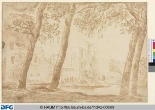 Blick auf die Schloßruine von Egmont, im Vordergrund vier Bäume