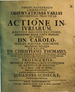 Theses Inaugurales Exhibentes Observationes Varias Theoretico Practicas De Actione Inivriarum
