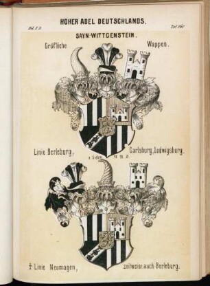 Taf. 168. Sayn-Wittgenstein. Gräfliche Wappen. Linie Berleburg, Carlsburg, Ludwigsburg. n. Siebm. VI. 10.2. - † Linie Neumagen, zeitweise auch Berleburg.