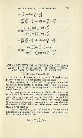 Arrangements of m things of one sort and n things of another sort, under certain conditions of priority.