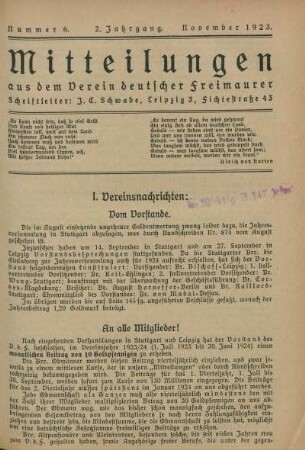 Nummer 6. 2. Jahrgang. November 1923.