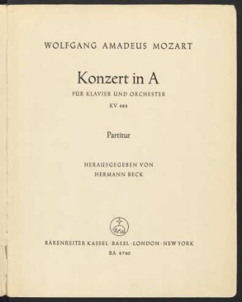 Konzert in A für Klavier und Orchester : KV 488