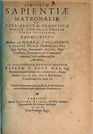 Speculum Sapientiae matronalis ex vita S. Franciscae Romanae