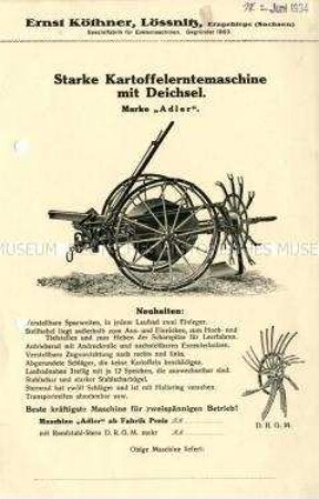 Starke Kartoffelerntemaschine mit Deichsel. Marke "Adler".
