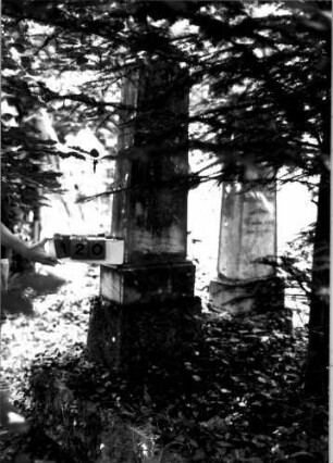 Grabstein 120 (Index: 100109399) Material: Sandstein oder Marmor (?), Sockel Kalkstein Zustand: leicht verwittert Maße HxBxT: 163x44x22 cm Beschreibung: Obelisk, getreppter Sockel: Grabstein 120