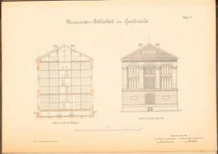 Universität Greifswald Bibliothek: Schnitt durch das Magazin, südliche Giebelansicht 1:100