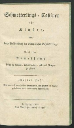 H. 2: Schmetterlings-Cabinet für Kinder, oder kurze Beschreibung der europäischen Schmetterlinge