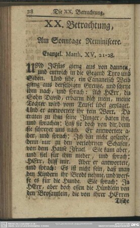 XX. Betrachung, Am Sonntage Reminiscere. Evangel. Matth. XV. 21-28