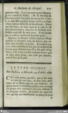 Lettre CCCCXLIX. Aux Rochers, ce Mécredi, 14. d`Août, 1680