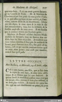 Lettre CCCCXLIX. Aux Rochers, ce Mécredi, 14. d`Août, 1680