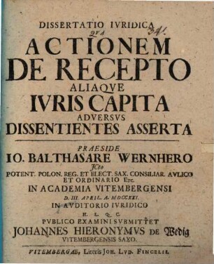 Dissertatio Iuridica Qua Actionem De Recepto Aliaque Iuris Capita Adversus Dissentientes Asserta