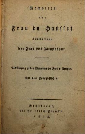 Memoiren der Frau Du Hausset, Kammerfrau der Frau von Pompadour